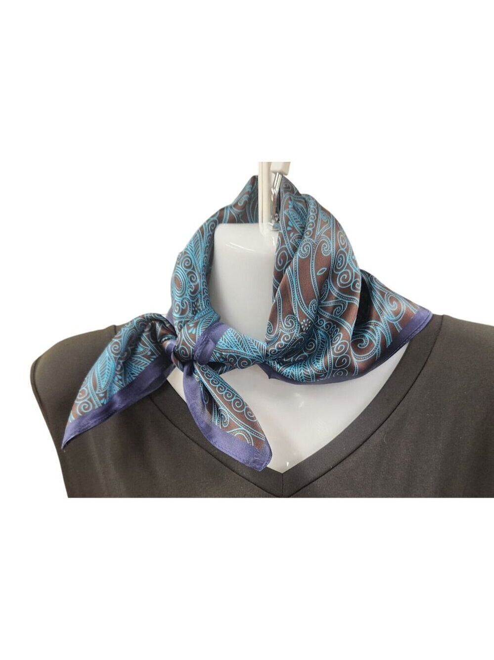 Silk Square Scarf Brown & Turquoise Paisley Design 20"x20" Elegant Soft Handkerc - Picture 10 of 12